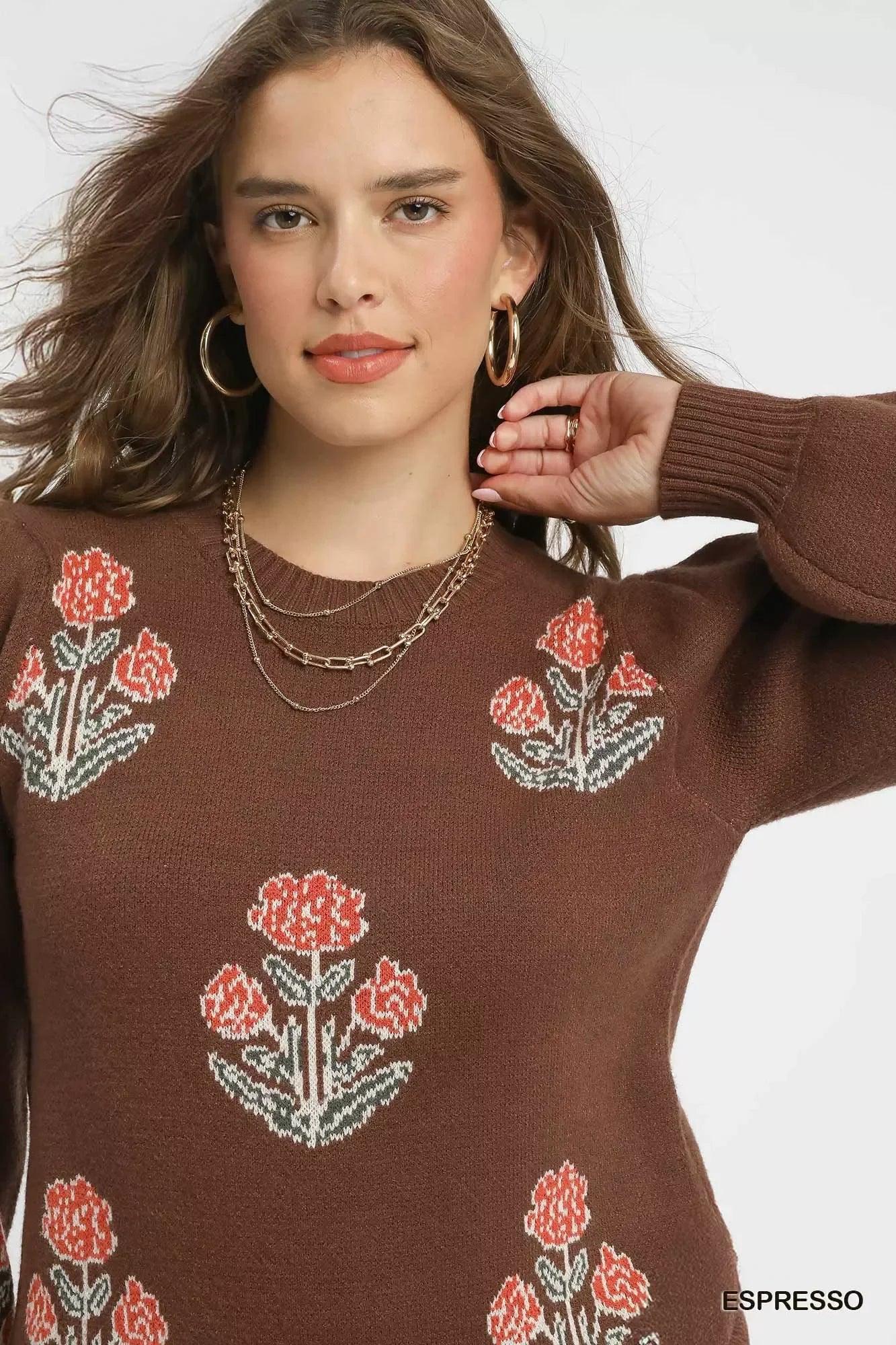 Umgee Floral Knit Sweater with Puff Sleeves - DAVERRI FASHIONS