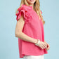 Umgee textured ruffle sleeve notched top in pink fabric