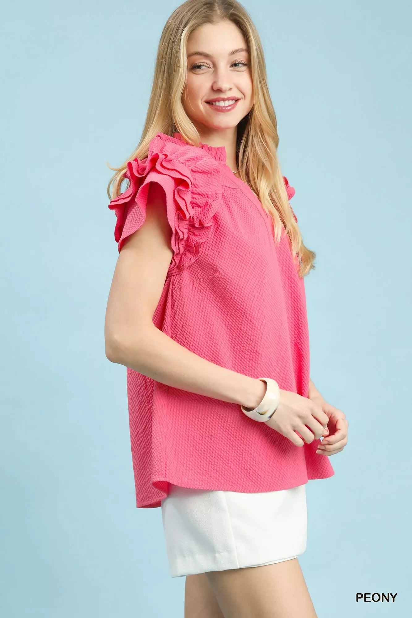 Umgee textured ruffle sleeve notched top in pink fabric