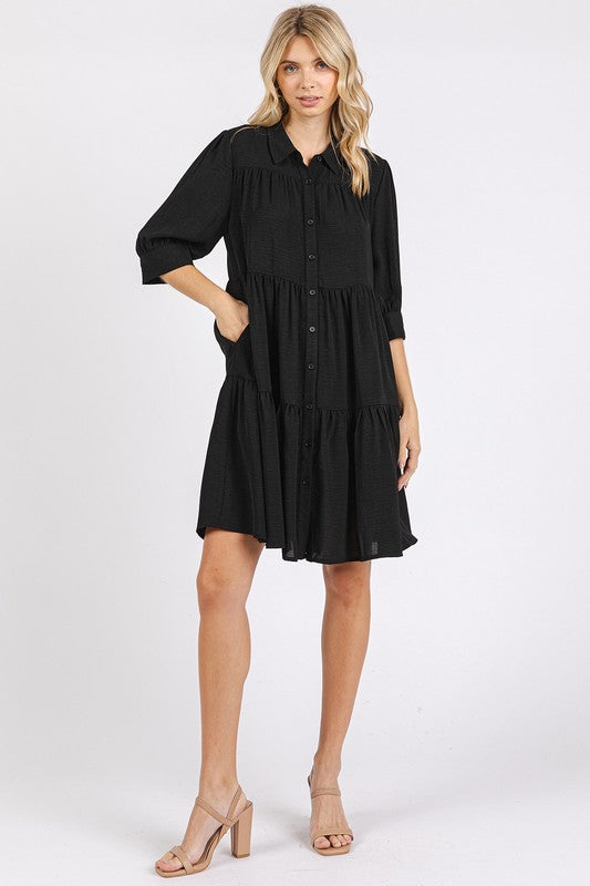 Mittoshop Button Detail Collared Neck Tiered Shirt Dress