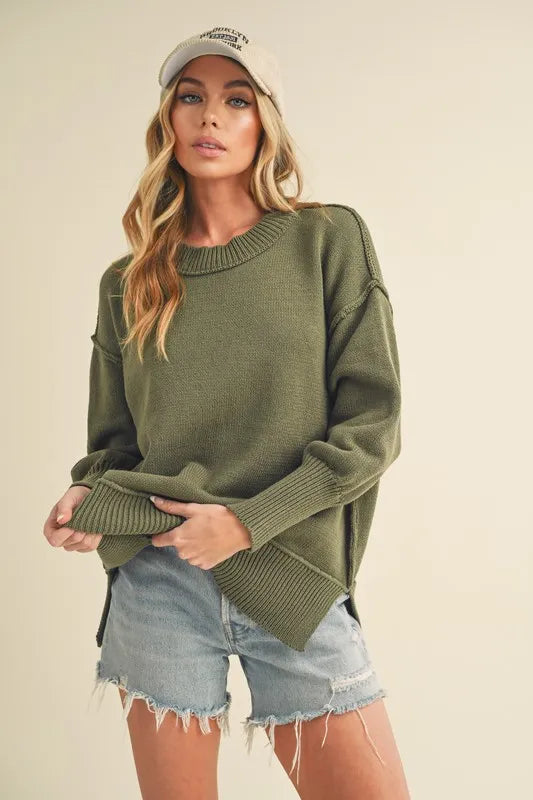 Aemi+Co Ribbed Hem Side Slit Round Neck Sweater OLIVE