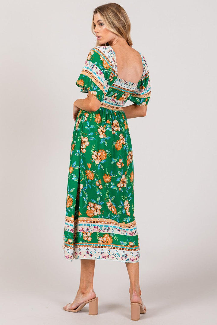 SAGE + FIG Printed Smocked Short Sleeve Midi Dress Mid Dresses