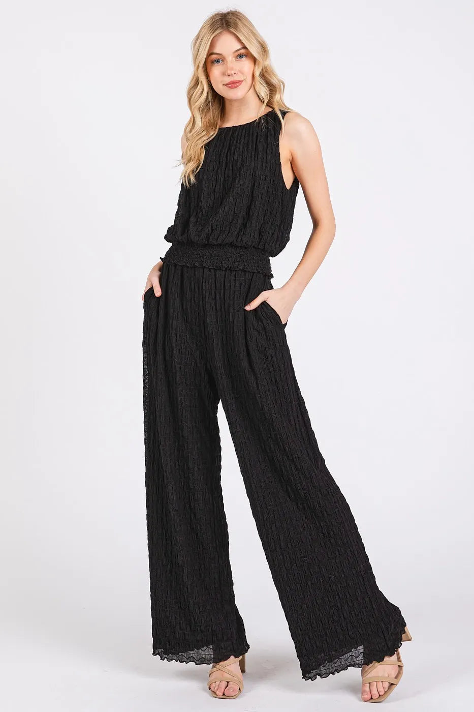 Mittoshop Textured Stretchy Crop Tank and Pants Set BLACK Outfit Sets