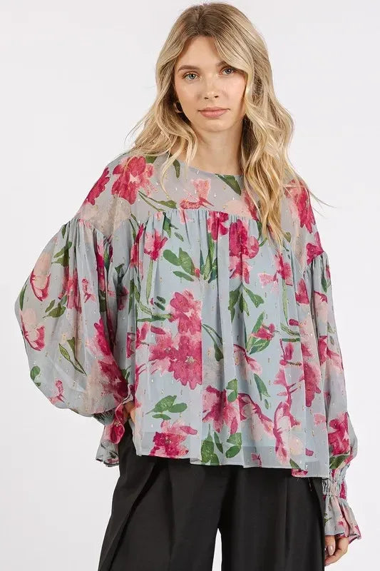 Mittoshop Floral Round Neck Flounce Sleeve Blouse - DAVERRI FASHIONS