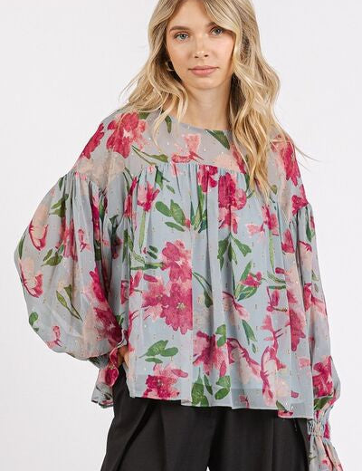 Mittoshop Floral Round Neck Flounce Sleeve Blouse