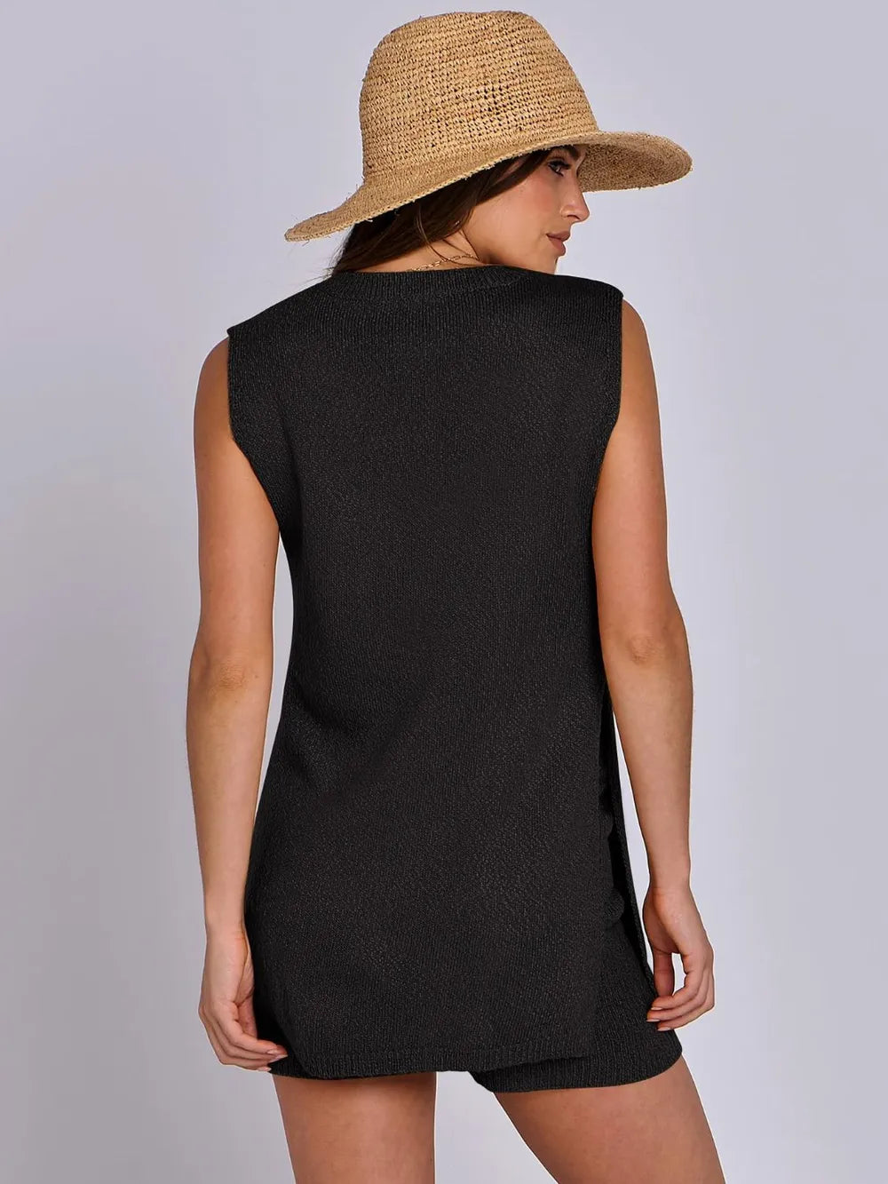 Side Slit Round Neck Tank and Ribbed Shorts Sweater Set | Outfit Sets Daverri Fashions
