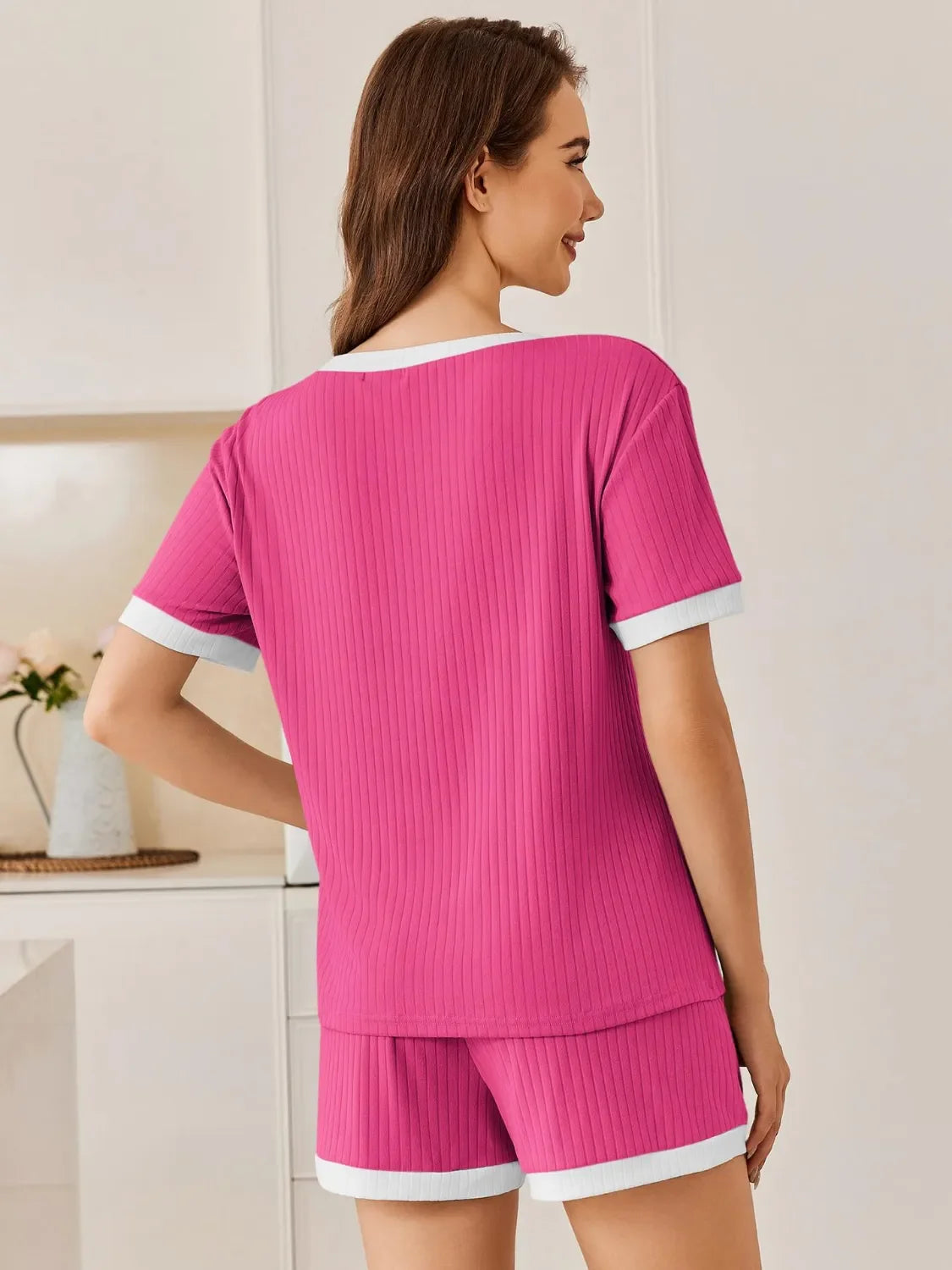 Daverri Fashions pink ribbed pajama set with white trim