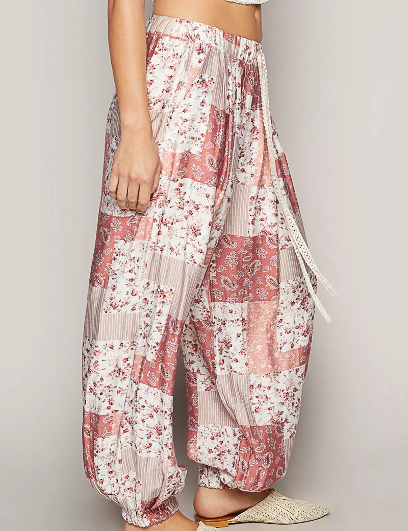 POL Drawstring Floral Patchwork Wide leg Pants | Pants Daverri Fashions