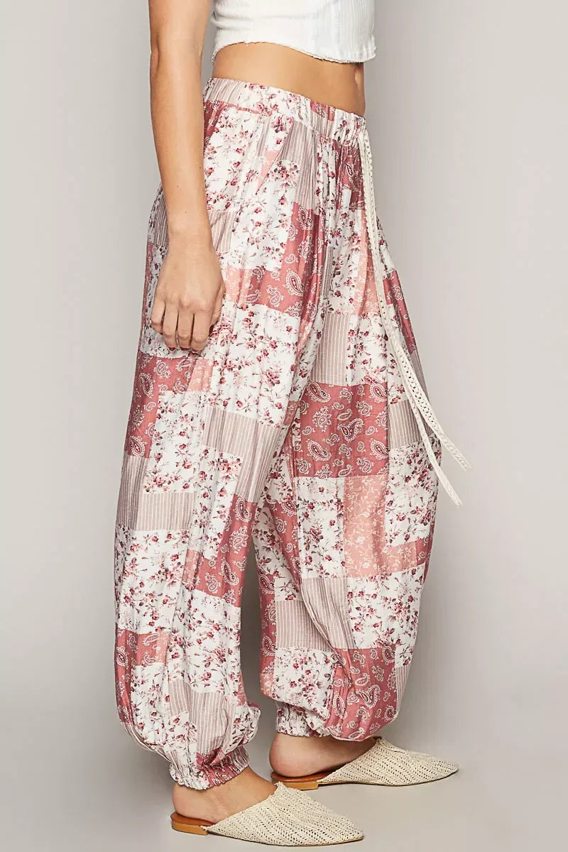 POL Drawstring Floral Patchwork Wide leg Pants - DAVERRI FASHIONS