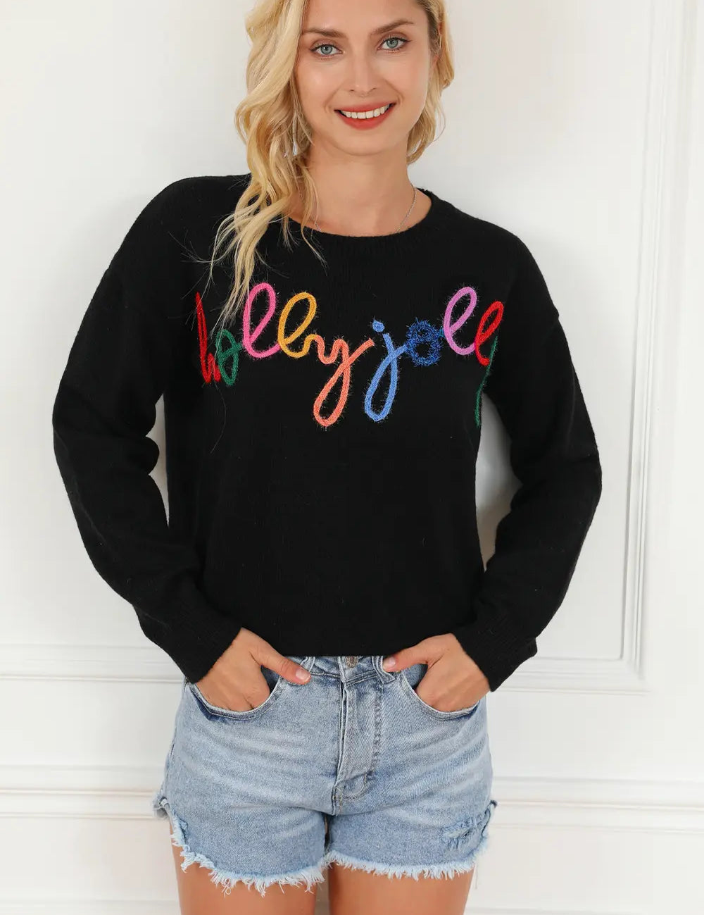 Black Graphic Round Neck Long Sleeve Sweater | Sweaters Daverri Fashions