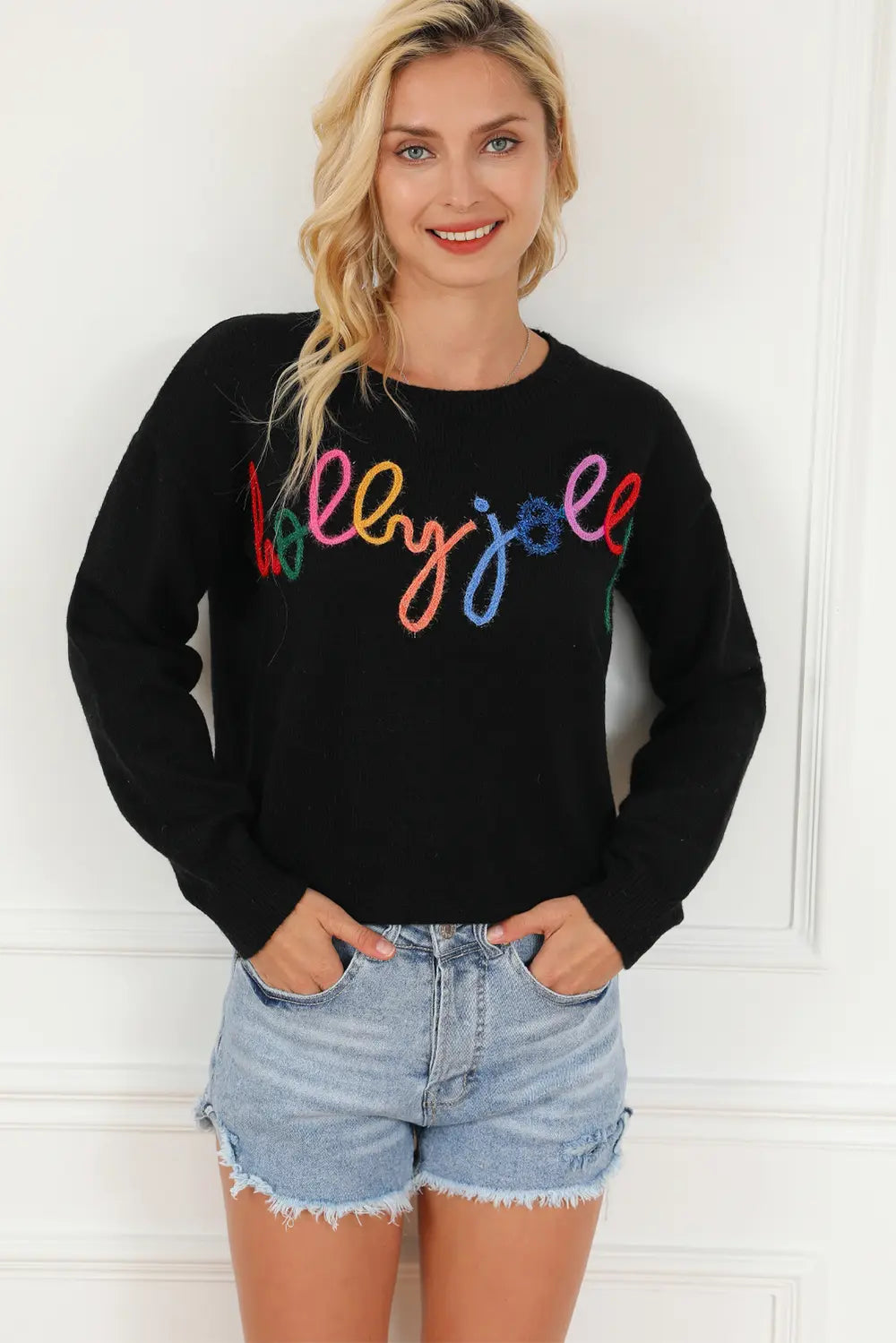 Black Graphic Round Neck Long Sleeve Sweater | Sweaters Daverri Fashions