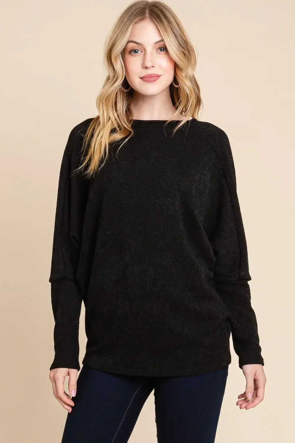 BOMBOM Drop Shoulder Long Sleeve Knit Top - DAVERRI FASHIONS