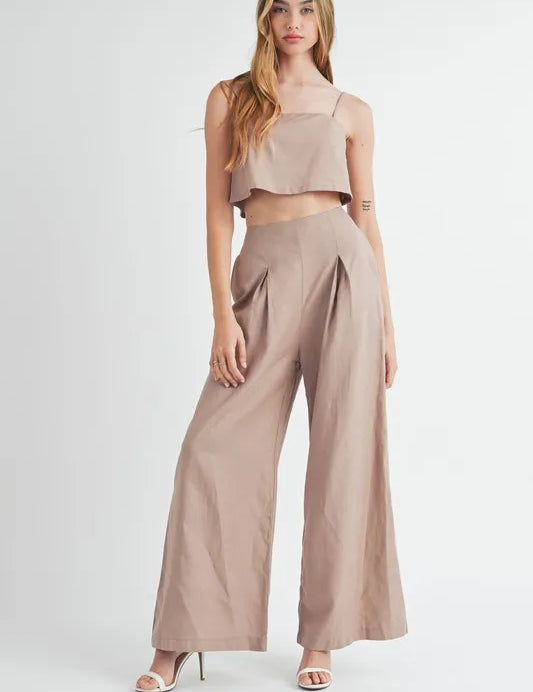 Mocha MABLE Linen Mix Crop Cami and Wide Leg Pants Set | Outfit Sets Daverri Fashions