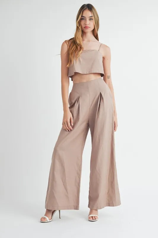 MABLE Linen Mix Crop Cami and Wide Leg Pants Set Mocha Outfit Sets
