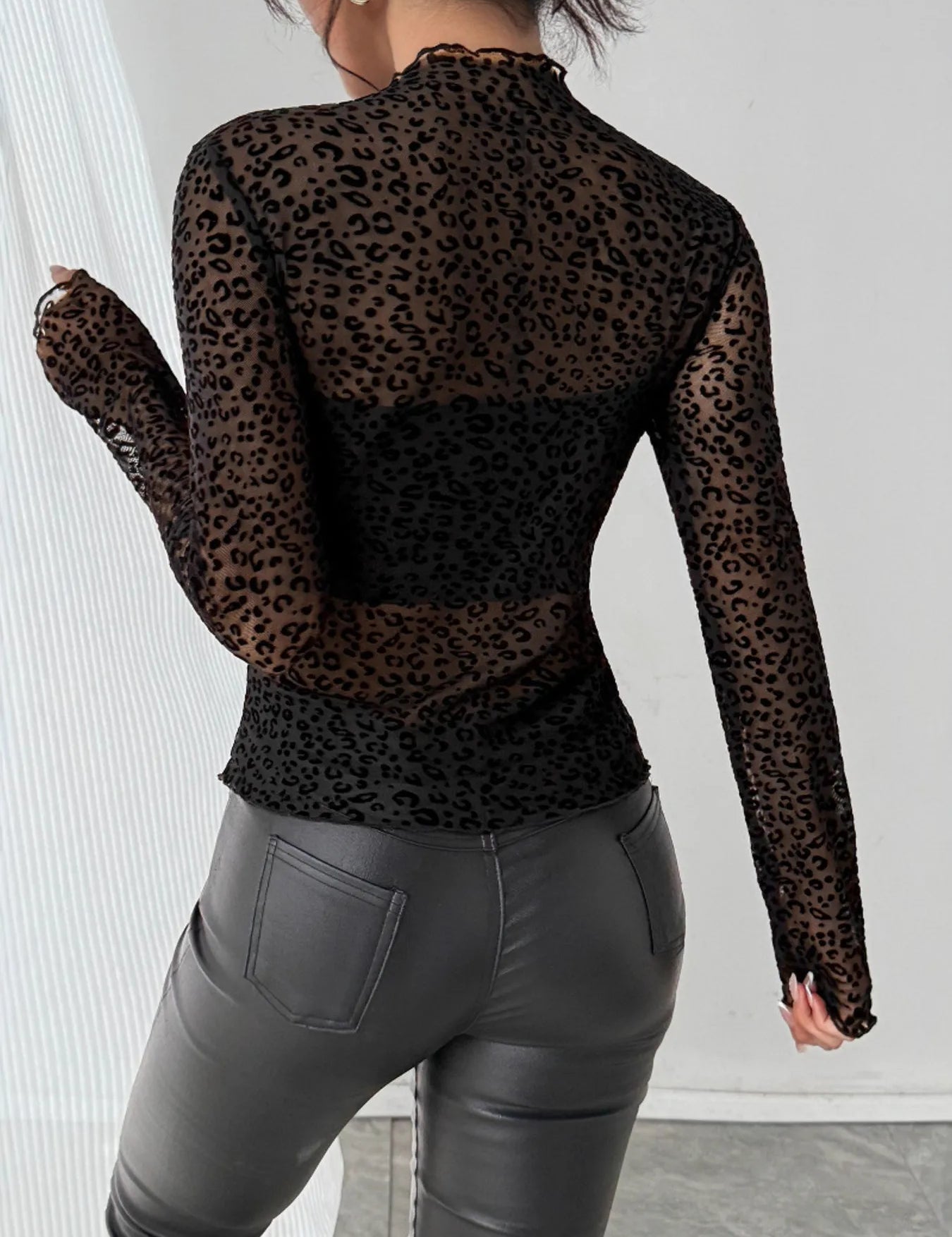 Leopard Print Mesh Long Sleeve T-Shirt | Tops Daverri Fashions
