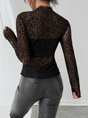 Leopard Print Mesh Long Sleeve T-Shirt | Tops Daverri Fashions