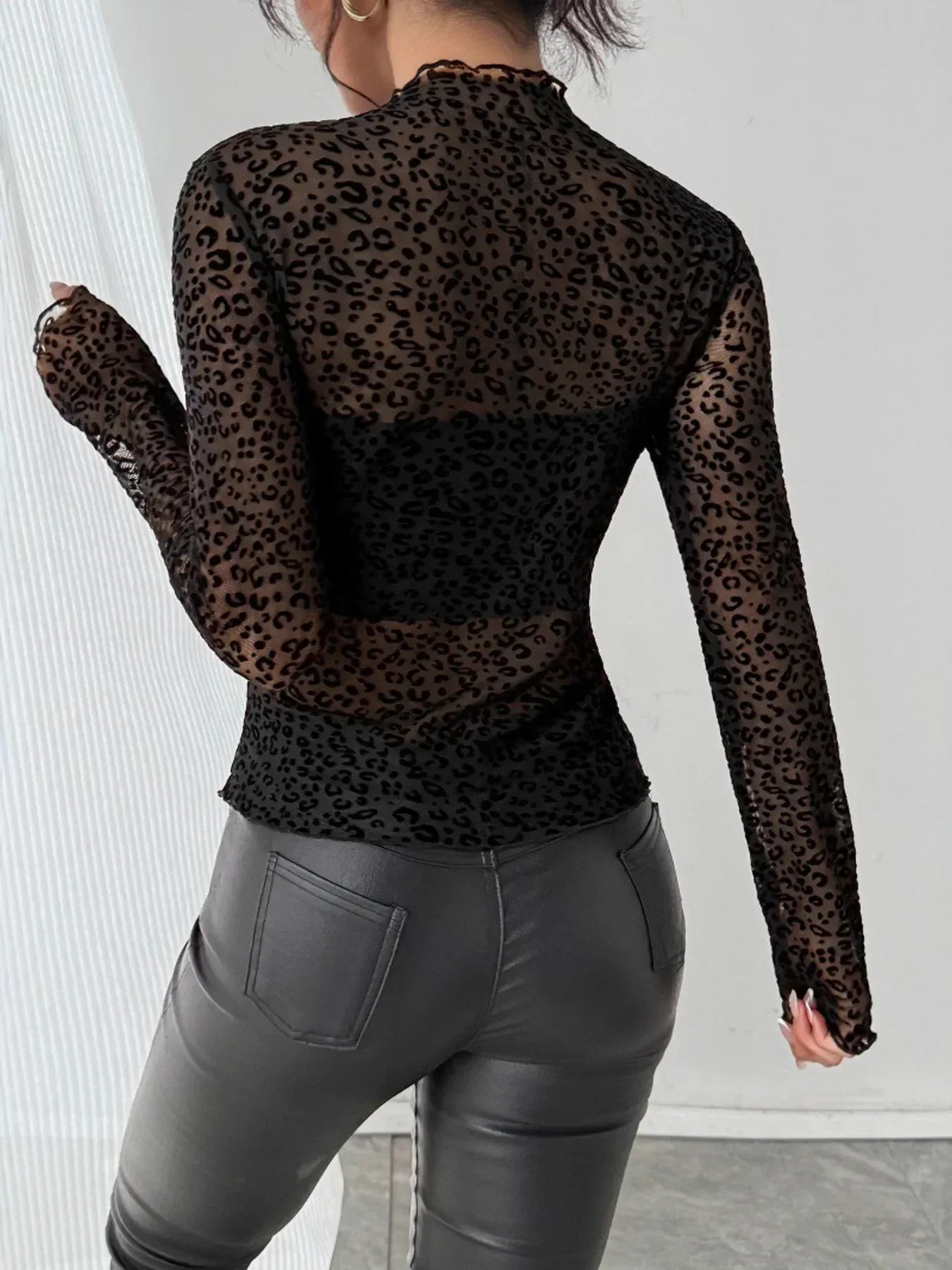 Leopard Print Mesh Long Sleeve T-Shirt - DAVERRI FASHIONS