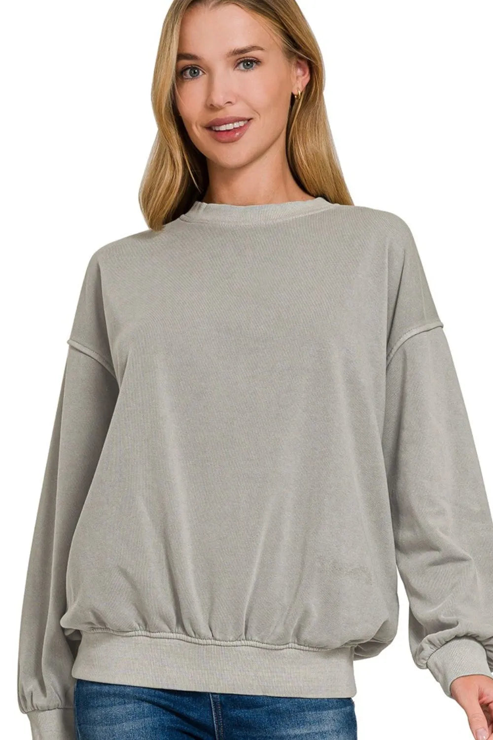 Zenana Soft Fleece Pigment Dye Round-neck Sweatshirts SLEET Sweatshirts