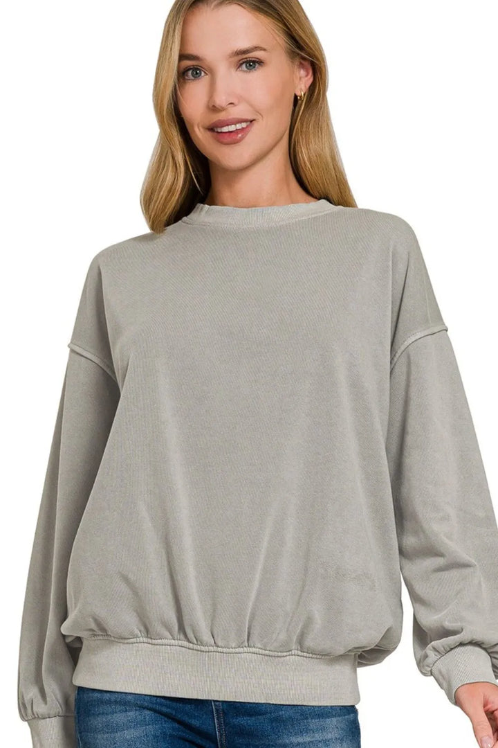 Zenana Soft Fleece Pigment Dye Round-neck Sweatshirts SLEET Sweatshirts