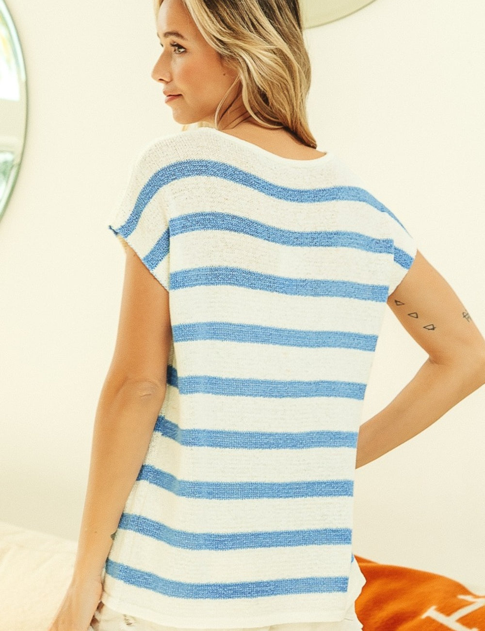 BiBi Striped Round Neck Short Sleeve Knit Top Tops