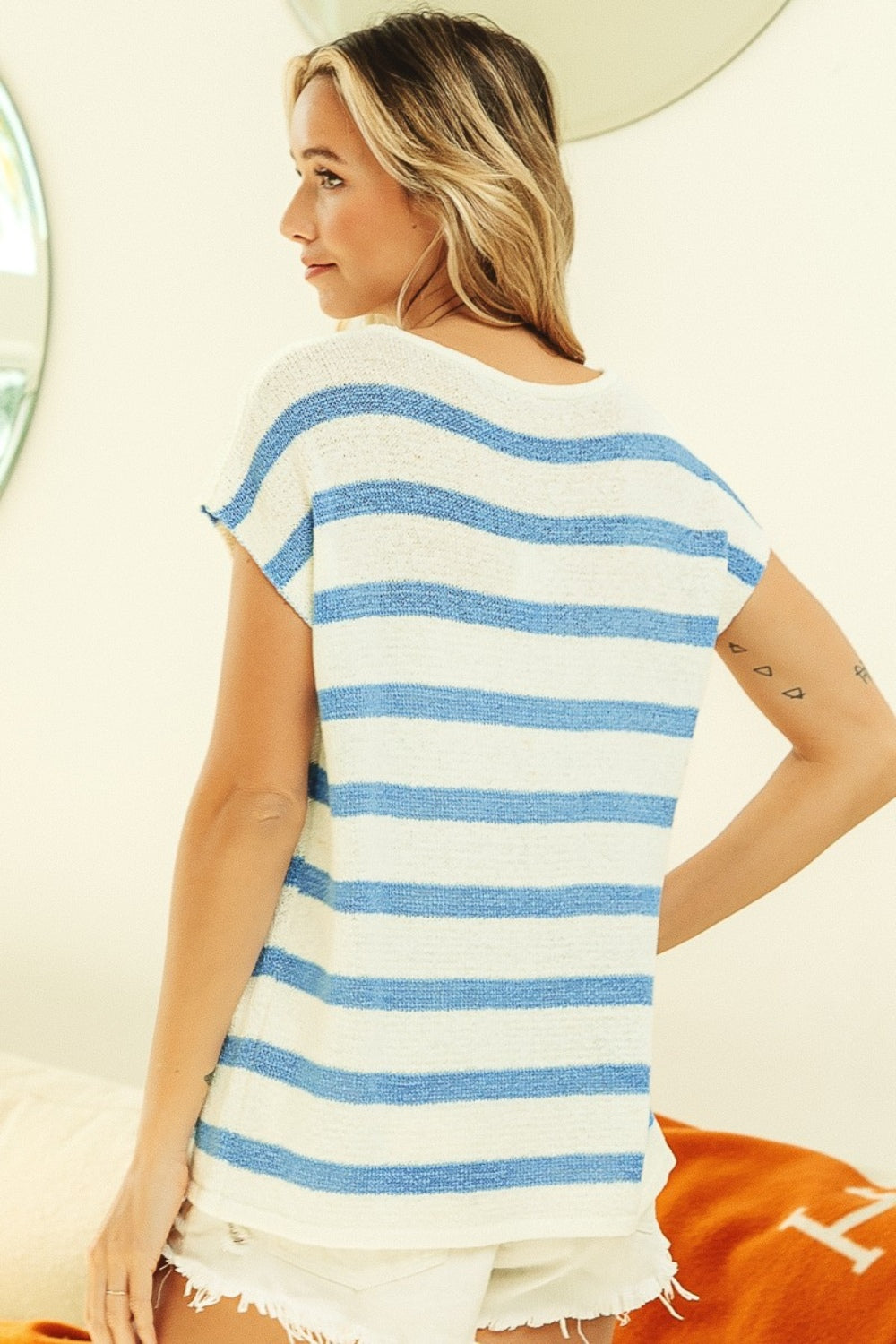 BiBi Striped Round Neck Short Sleeve Knit Top Tops