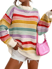 Rainbow Striped Drop Shoulder Oversized Sweater | Sweaters Daverri Fashions