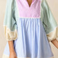 Striped patchwork ric rac puff sleeve collared mini dress in pastel lavender, mint green, light blue, and cream