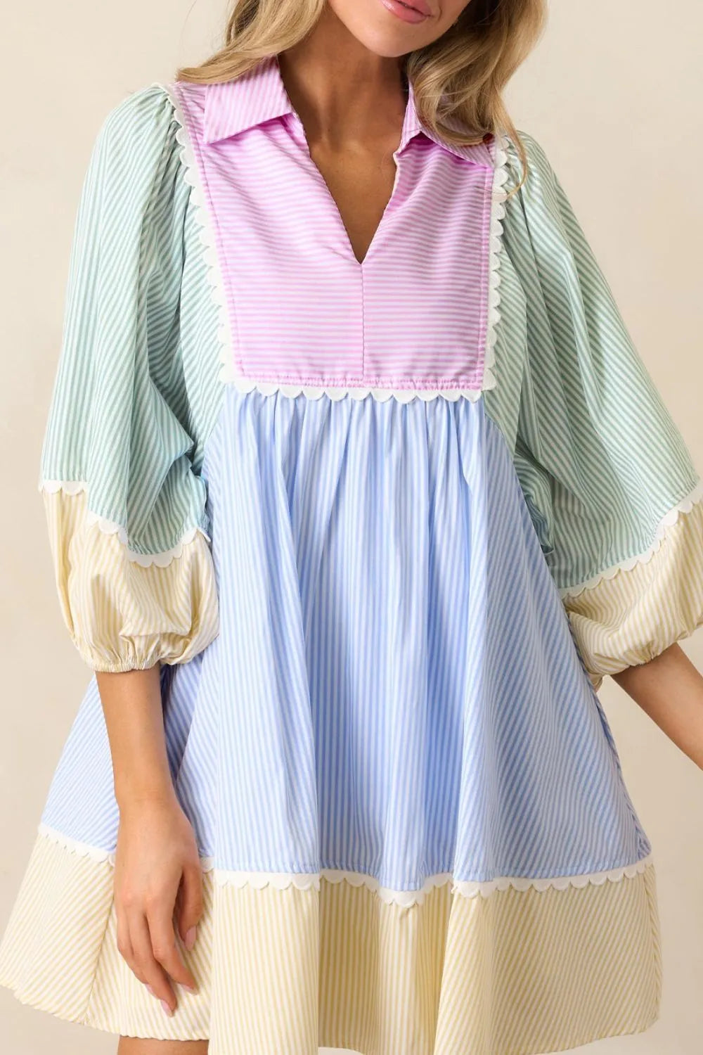 Striped patchwork ric rac puff sleeve collared mini dress in pastel lavender, mint green, light blue, and cream