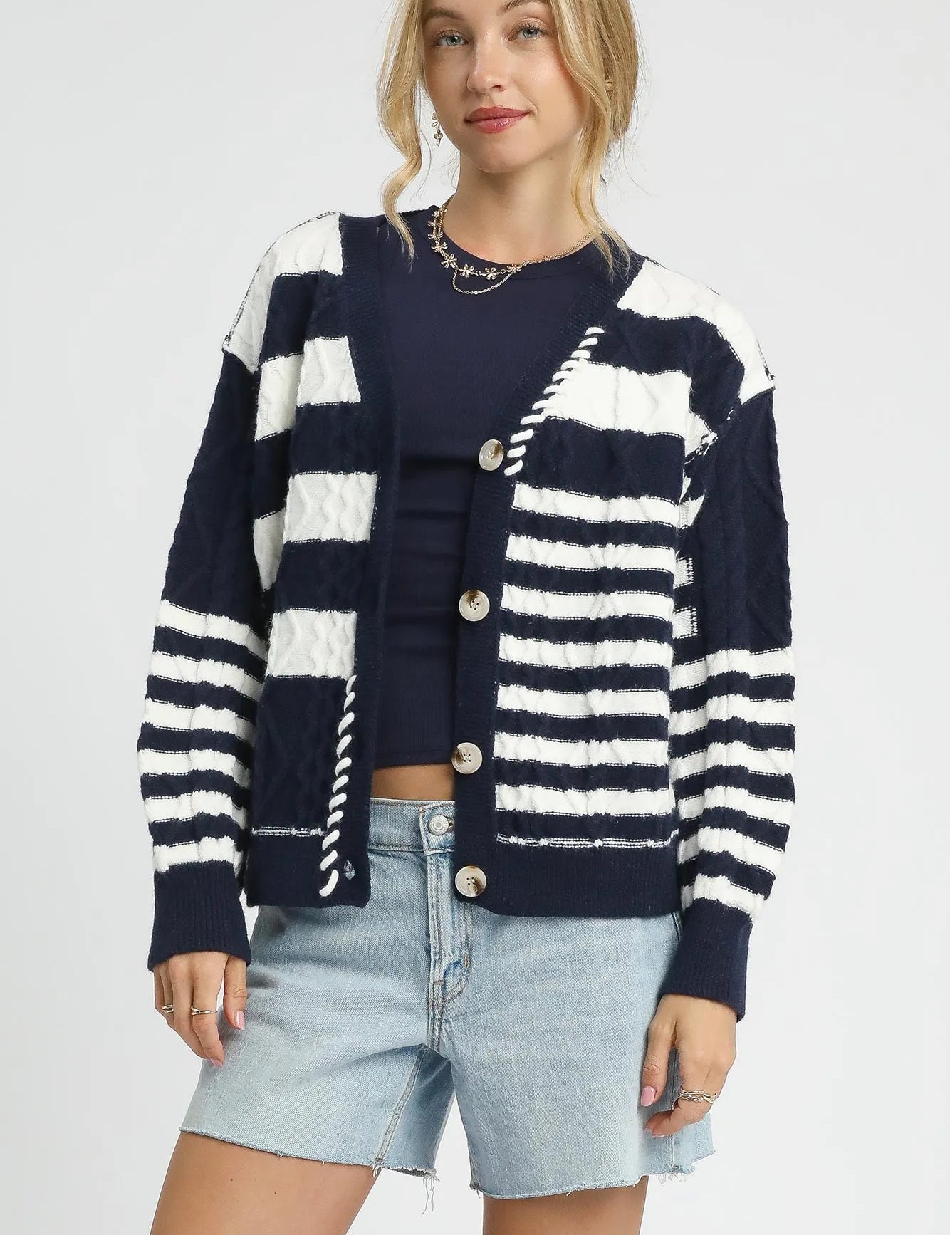 Navy Umgee Cable-Knit Stripe Button-Up Cardigan | Cardigans Daverri Fashions