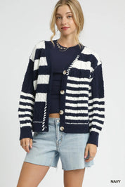 Navy Umgee Cable-Knit Stripe Button-Up Cardigan | Cardigans Daverri Fashions