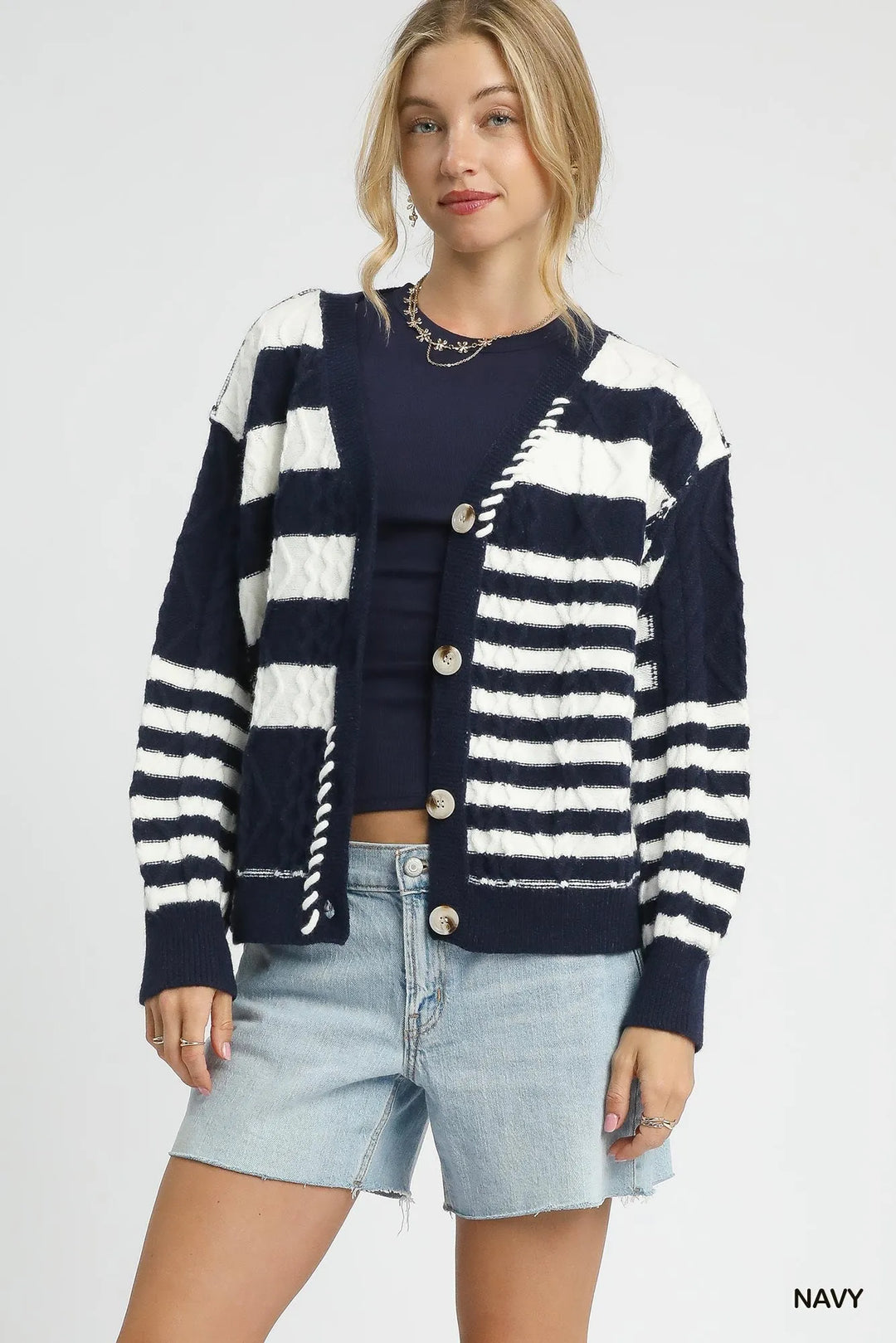 Navy Umgee Cable-Knit Stripe Button-Up Cardigan | Cardigans Daverri Fashions