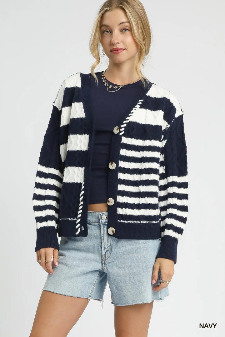 Navy Umgee Cable-Knit Stripe Button-Up Cardigan | Cardigans Daverri Fashions