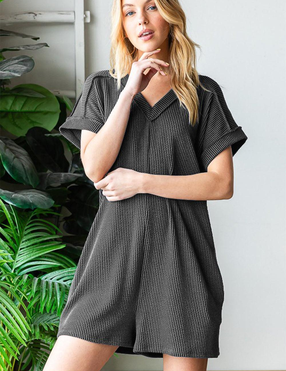 Charcoal Heimish Full Size Short Sleeve Ribbed Romper with Pockets | Daverri Fashions