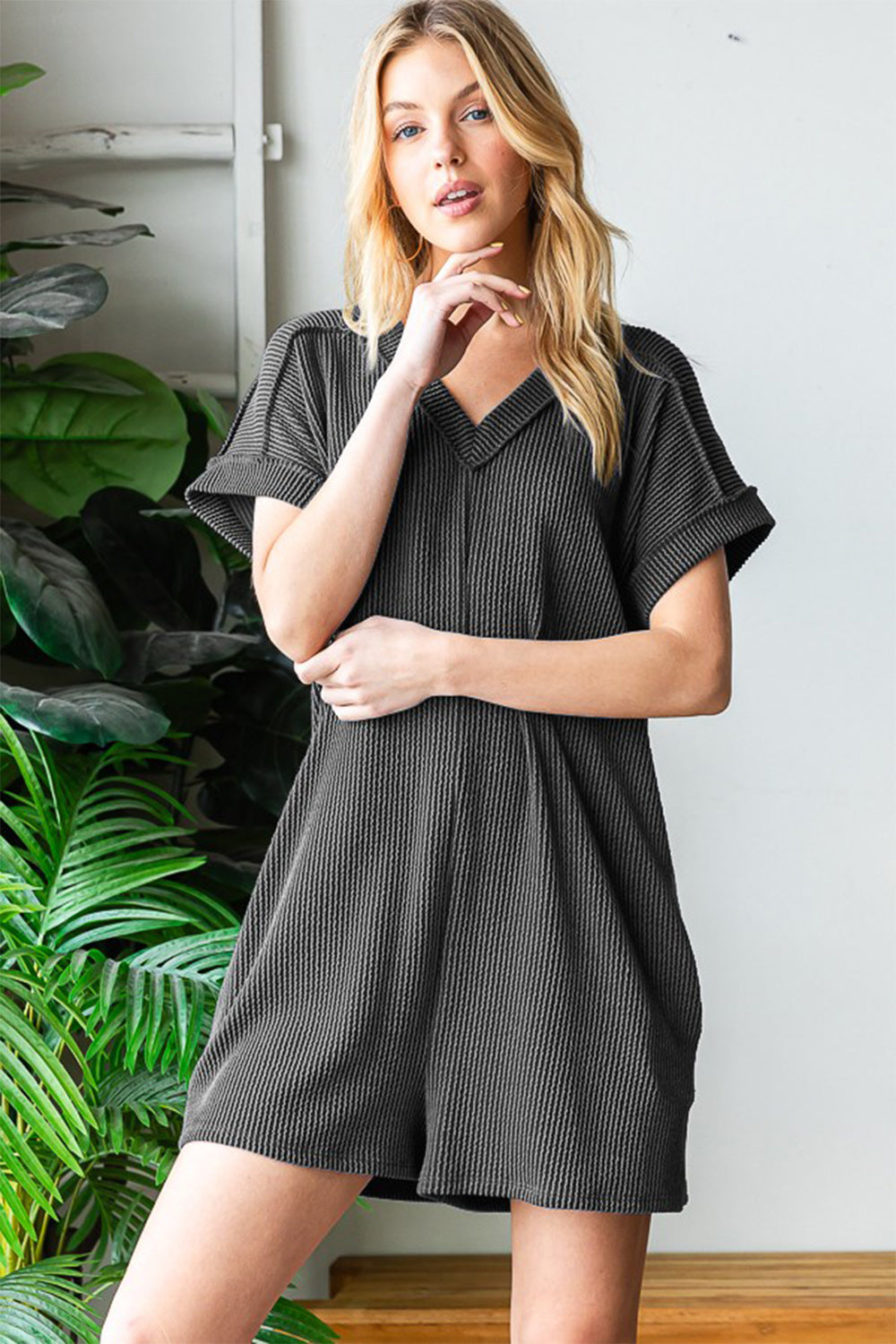 Heimish Full Size Short Sleeve Ribbed Romper with Pockets Charcoal