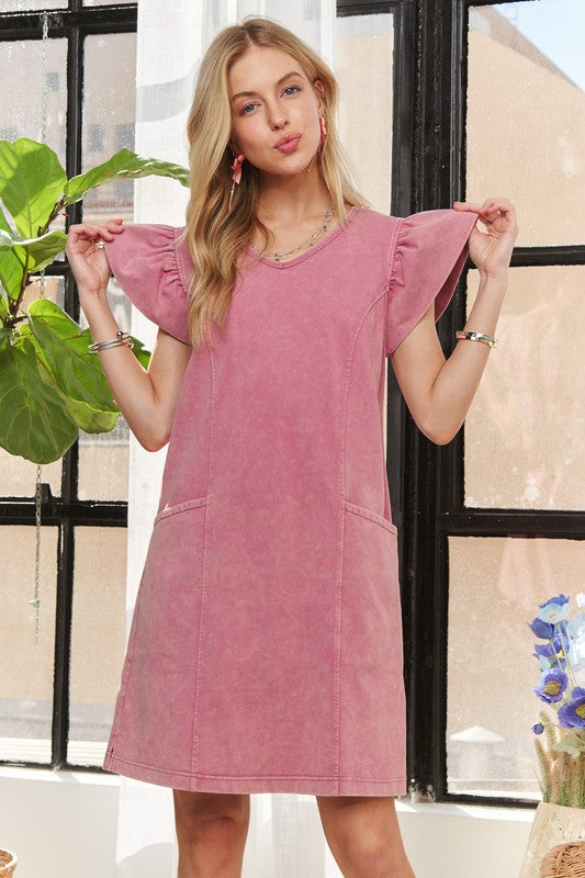 ADORA Mineral Washed V-Neck Ruffled Cap Sleeve Dress Mauve