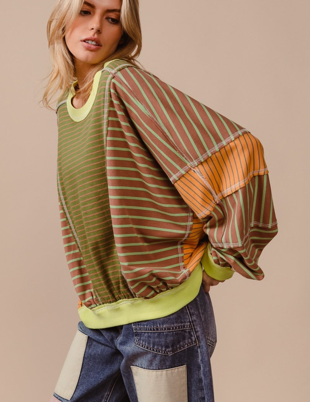 BiBi Color Block Striped Round Neck Sweatshirt