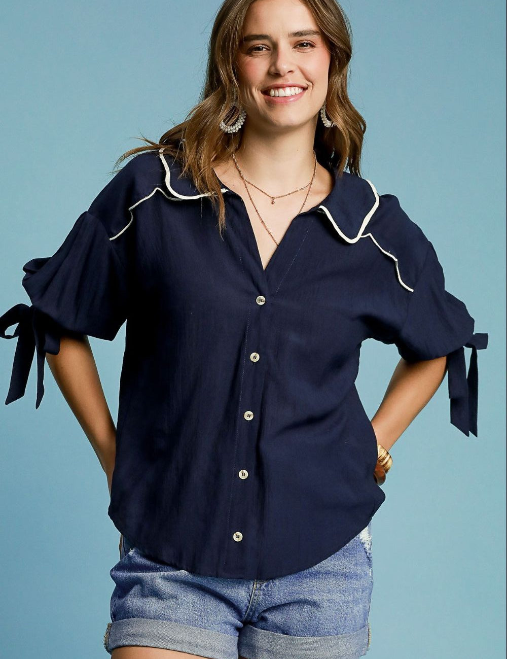 Umgee Full Size Embroidered Detail Button Down Shirt Plus Size Dark Navy