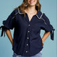 Umgee Full Size Embroidered Detail Button Down Shirt Dark Navy 1XL Tops
