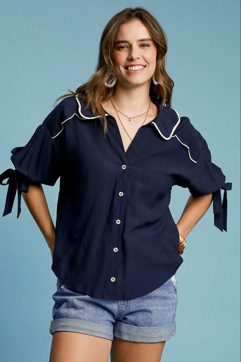 Umgee Full Size Embroidered Detail Button Down Shirt Dark Navy 1XL Tops