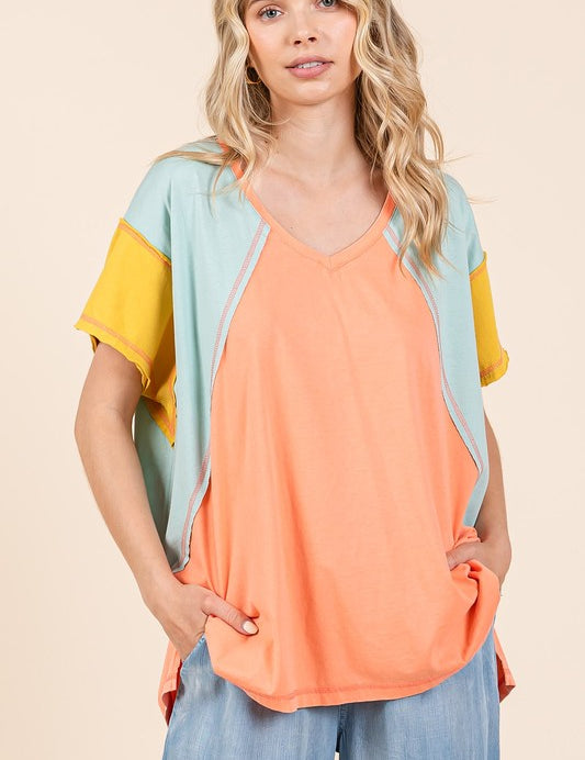 Mittoshop Color Block V-Neck Short Sleeve T-Shirt Coral Combo