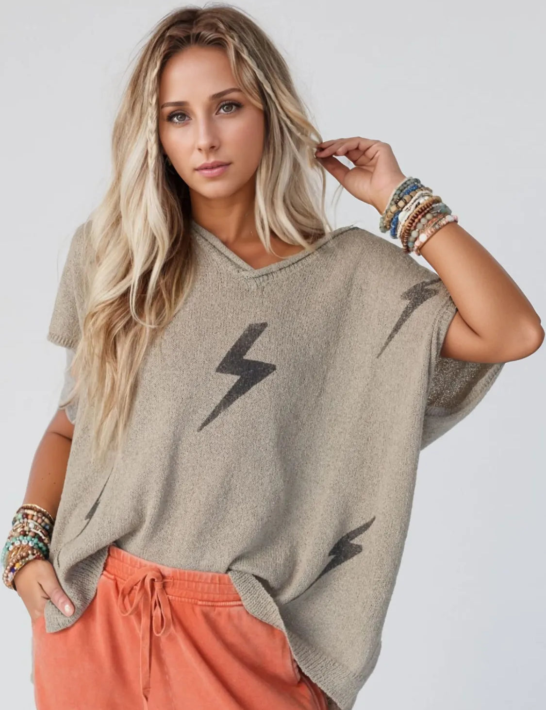 Mocha Lightning V-Neck Short Sleeve Knit Top | Knit Tops Daverri Fashions
