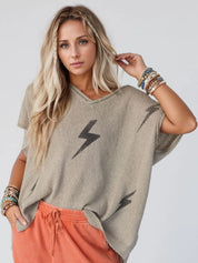 Mocha Lightning V-Neck Short Sleeve Knit Top | Knit Tops Daverri Fashions