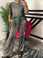 Leopard Round Neck Top and Pants Two-Piece Set | Loungewear Sets Daverri Fashions