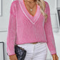 Striped V-Neck Long Sleeve Sweater - DAVERRI FASHIONS