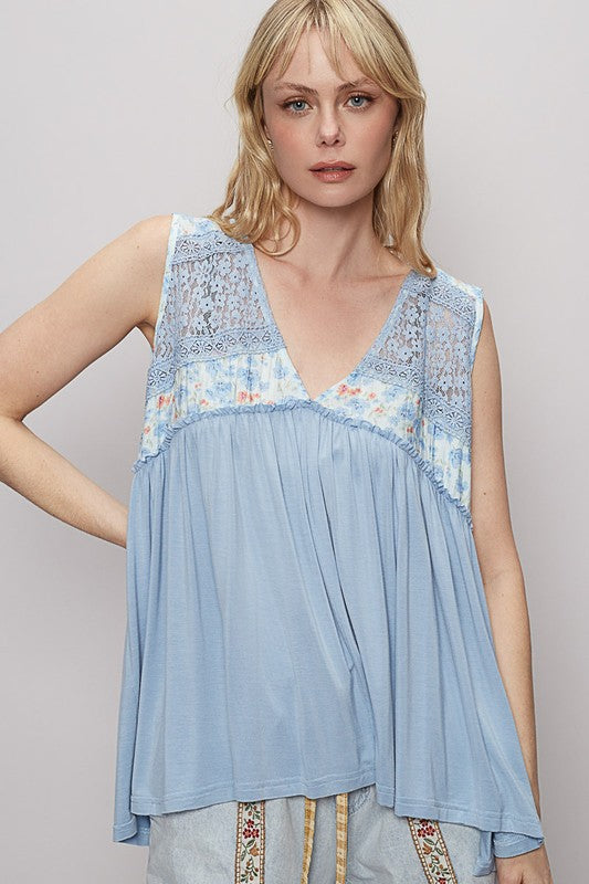 POL Lace Detail Frill Floral V-Neck Sleeveless Top Light Blue