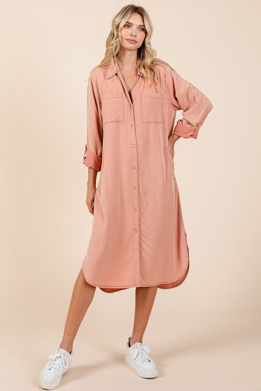 Mittoshop Button Down Long Sleeve Shirt Dress Burnt Coral