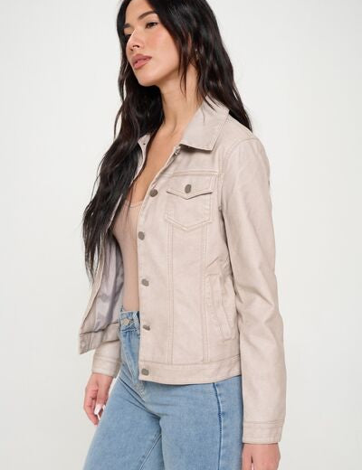 Coalition LA Button Down Cargo Vegan Leather Shacket Cream