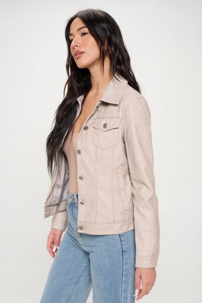 Coalition LA Button Down Cargo Vegan Leather Shacket Cream