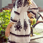 Tassel hem 3/4 sleeve mini dress with black floral embroidery