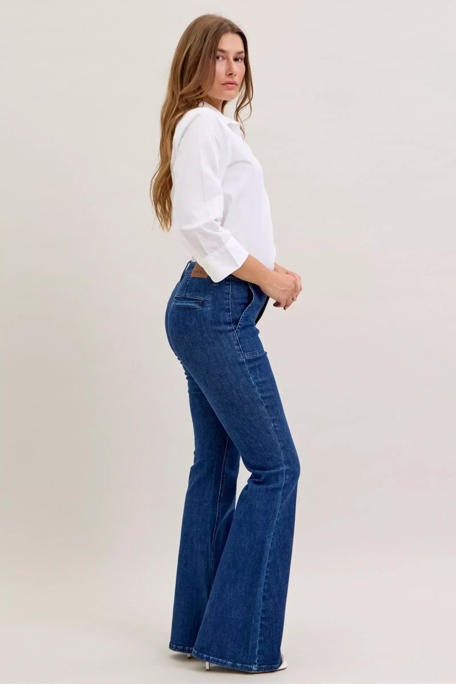 Judy Blue High Waist Flare Jeans with Front Patch Pockets - DAVERRI FASHIONS